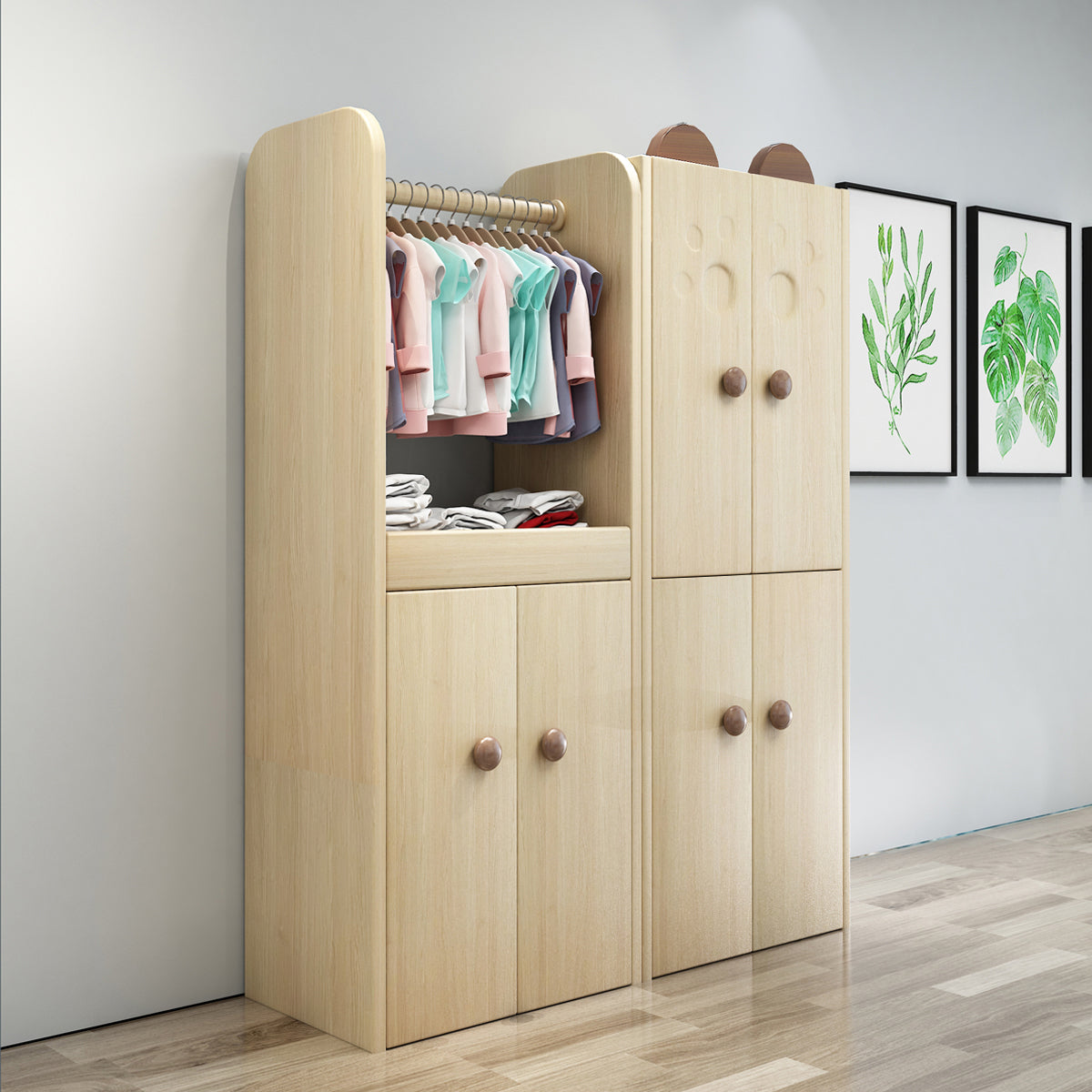 Solid Wood Kids Closet Modern Light Wood Wardrobe Closet with Garment Rod