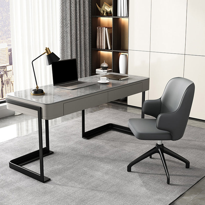 2 Drawers Writing Desk Rectangular Shaped Grey Office Desk for Home