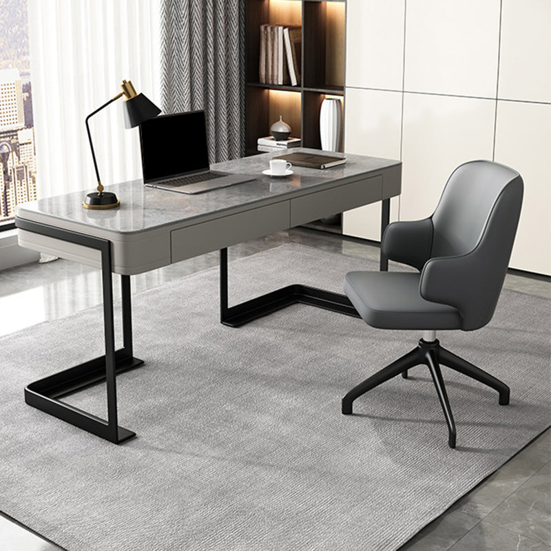 2 Drawers Writing Desk Rectangular Shaped Grey Office Desk for Home