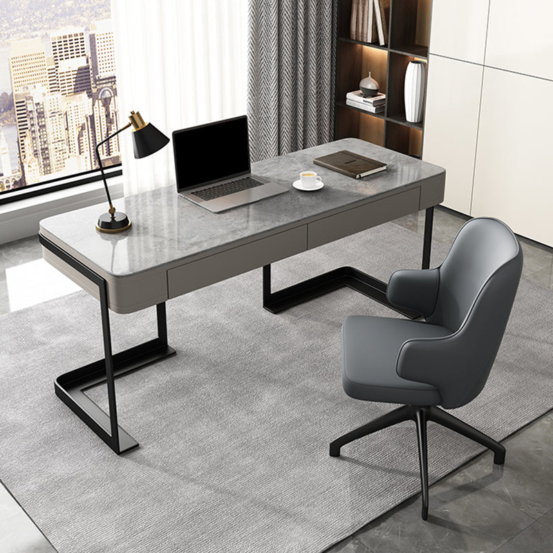 2 Drawers Writing Desk Rectangular Shaped Grey Office Desk for Home