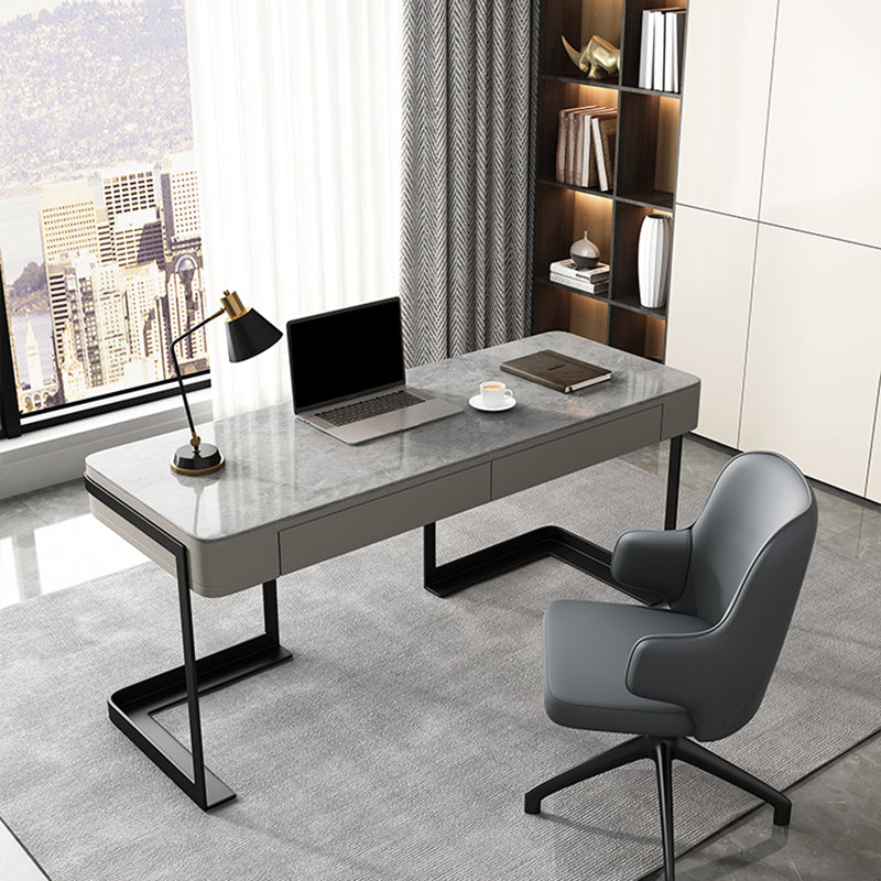 2 Drawers Writing Desk Rectangular Shaped Grey Office Desk for Home