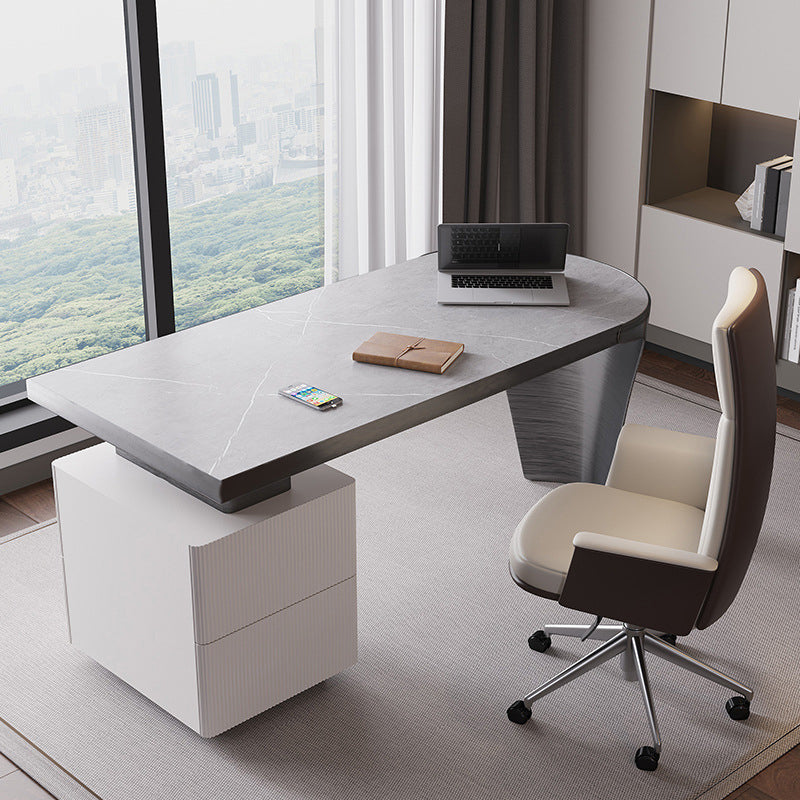 Modern Slate Top Office Desk Free Form Task Desk with 2 Drawers for Home