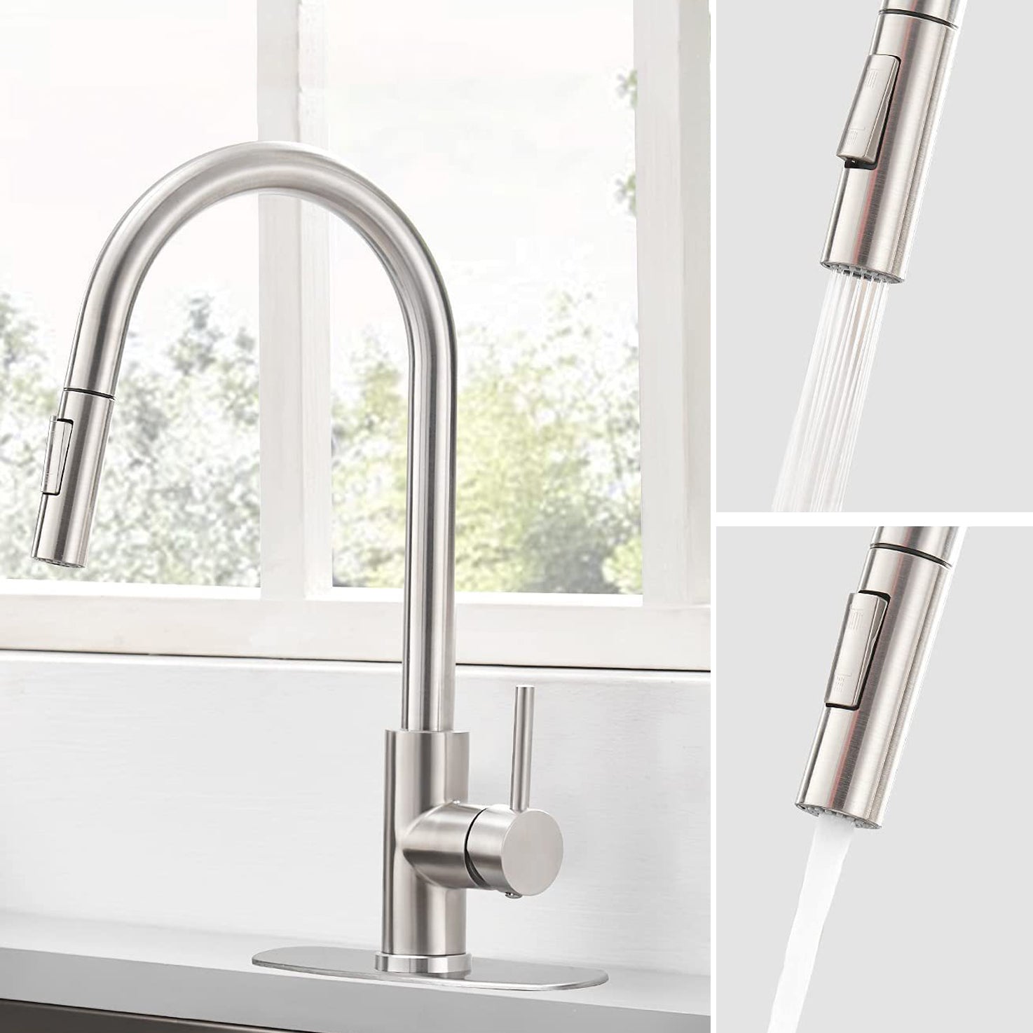 304 Stainless Steel Kitchen Faucet 3-Function Spray High Arc with Pull down Sprayer