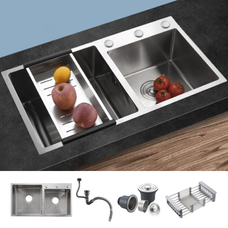 Stainless Steel Double Sink Kitchen Sink 3 Holes Drop-In Sink with Drain Assembly