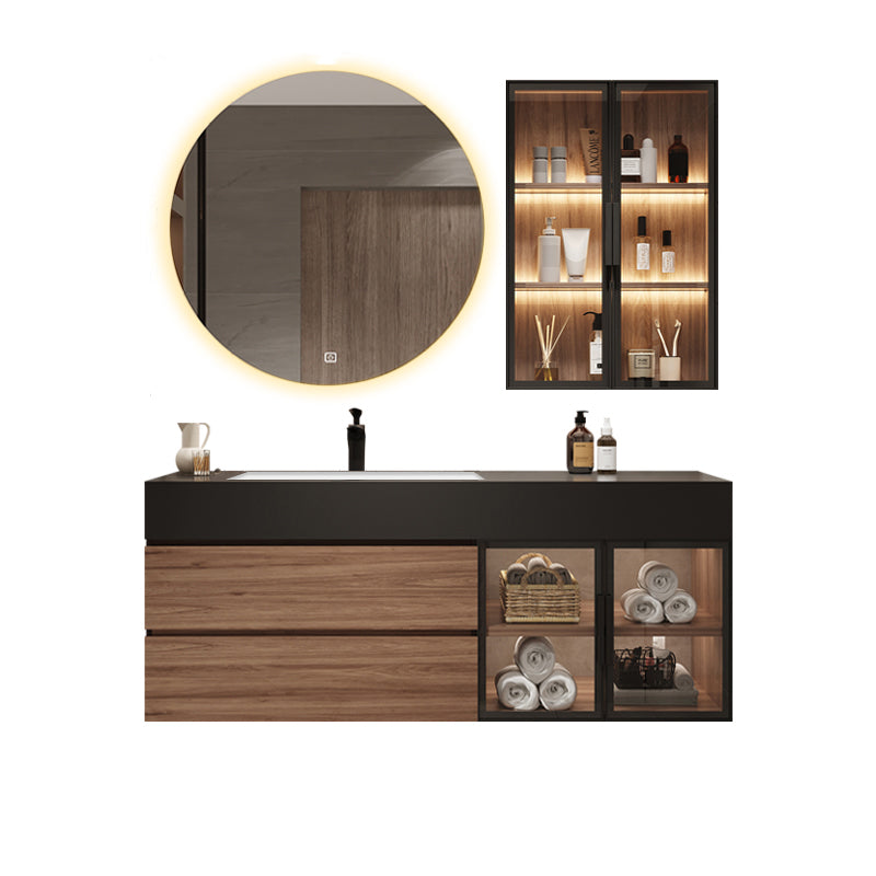 Waterproof Vanity Single Sink Drawers Wood Frame Wall-Mounted Vanity with Mirror