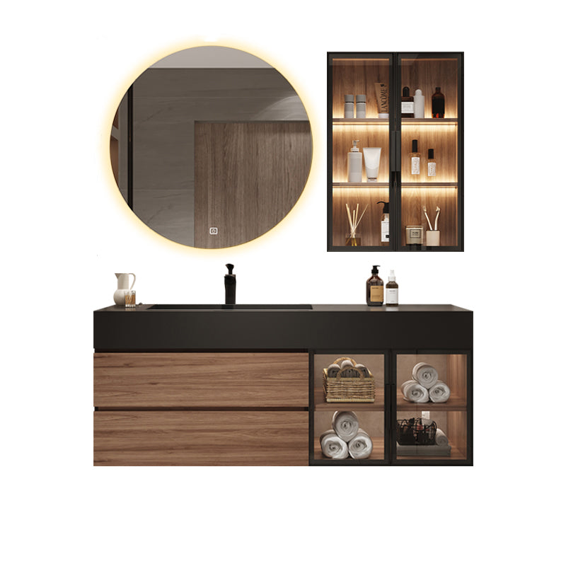 Waterproof Vanity Single Sink Drawers Wood Frame Wall-Mounted Vanity with Mirror