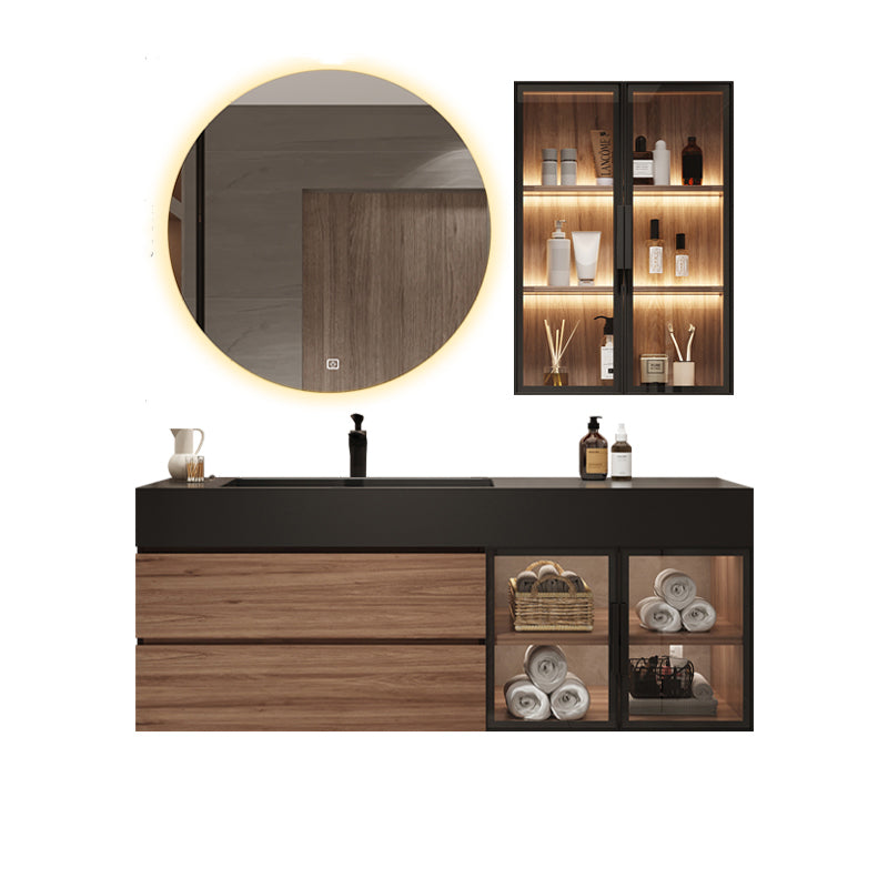 Waterproof Vanity Single Sink Drawers Wood Frame Wall-Mounted Vanity with Mirror