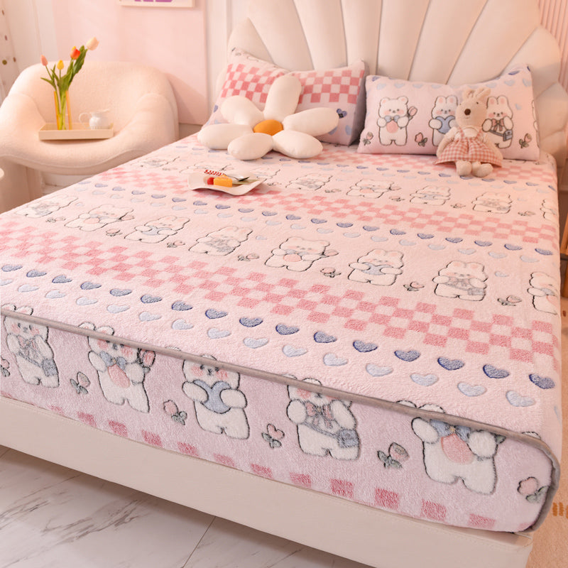 Cartoon Printed Bed Sheet Breathable Cotton Flannel Fitted Sheet