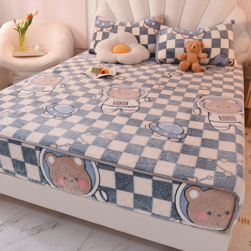 Cartoon Printed Bed Sheet Breathable Cotton Flannel Fitted Sheet