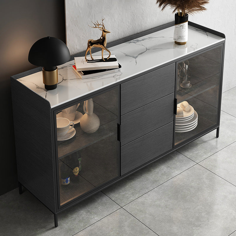 Glam Style Sideboard Glass Doors Stone Side Board with Cabinets and Drawers