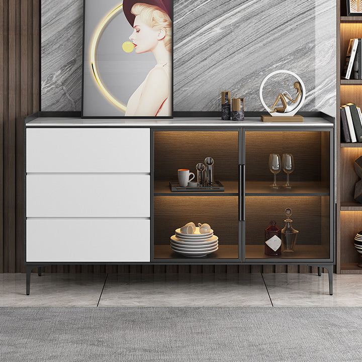 Glam Style Sideboard Glass Doors Stone Side Board with Cabinets and Drawers