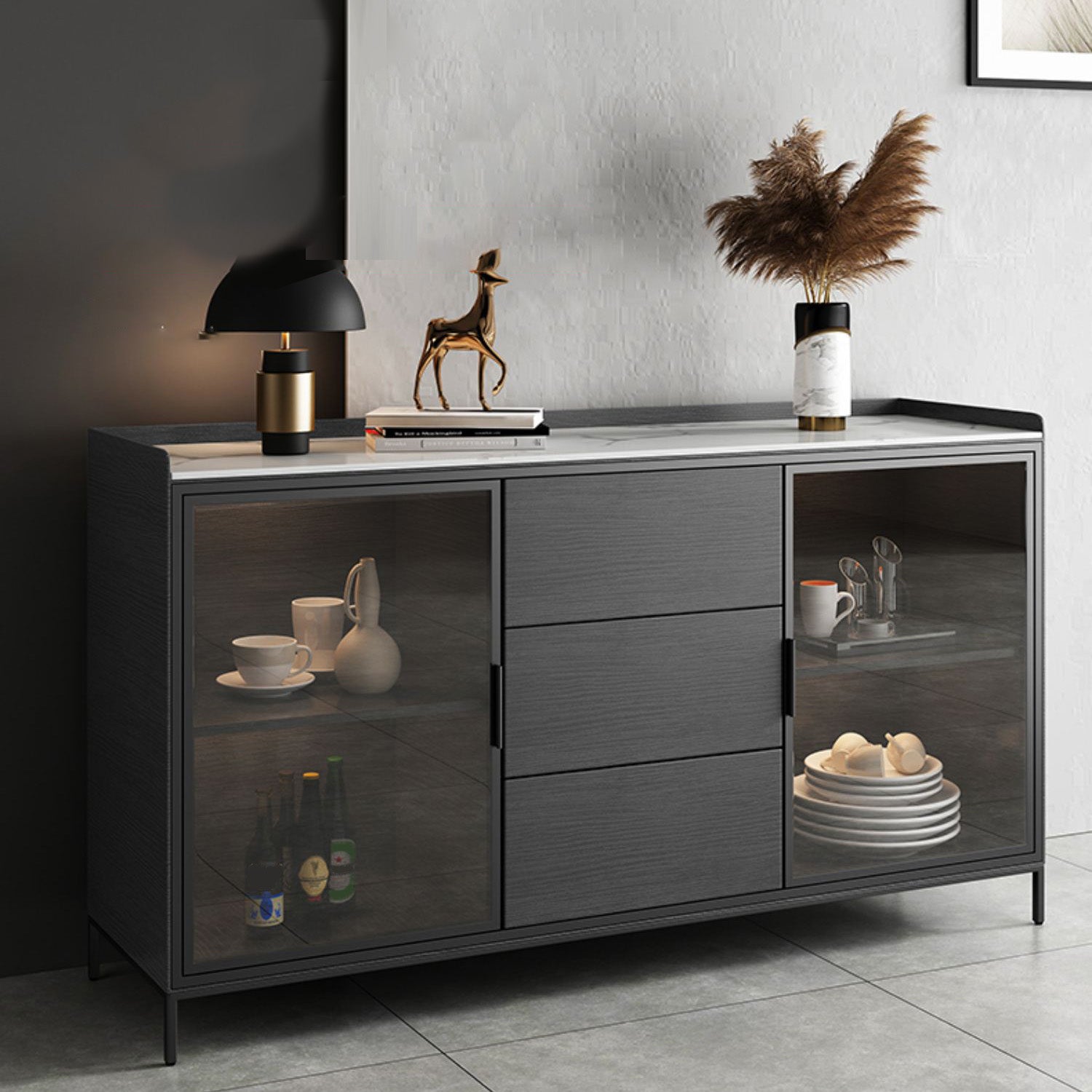 Glam Style Sideboard Glass Doors Stone Side Board with Cabinets and Drawers