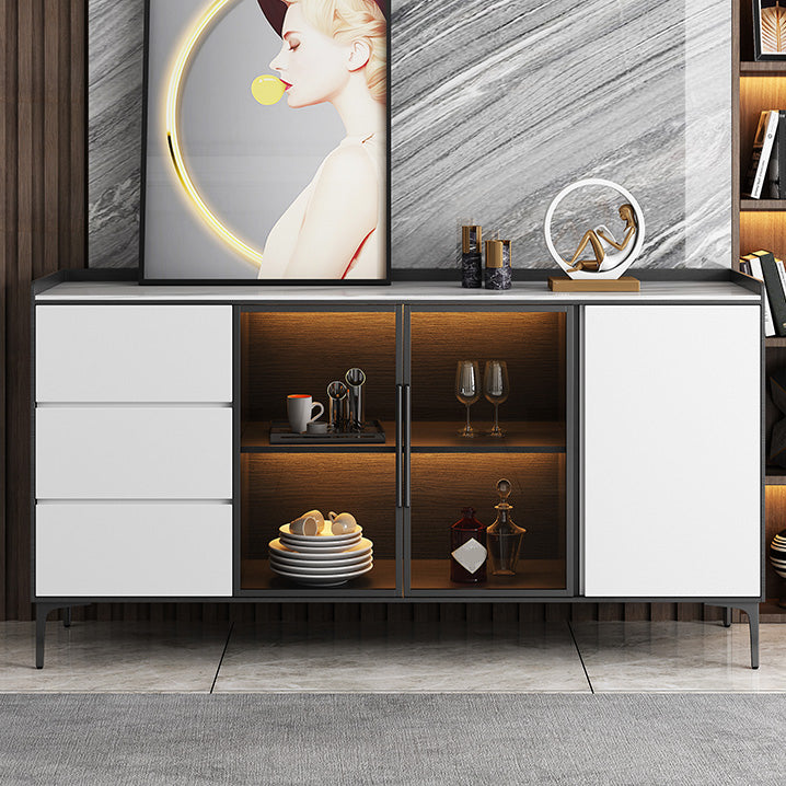 Glam Style Sideboard Glass Doors Stone Side Board with Cabinets and Drawers