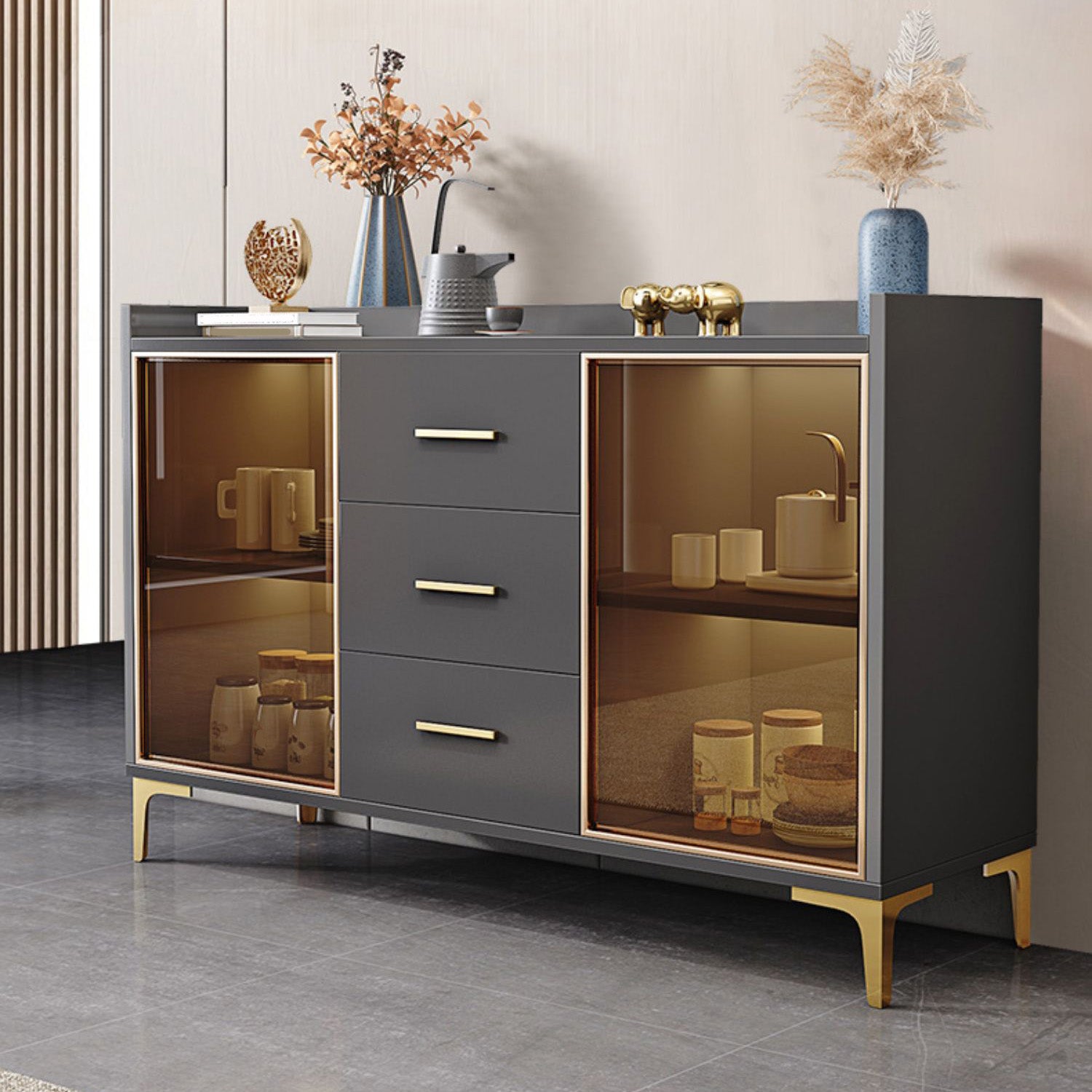 Glam Credenza Adjustable Shelving Wood Side Board with Cabinets and Drawers