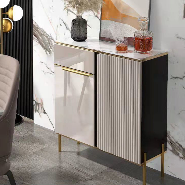 Glam Style Credenza Stone Glass Doors Side Board with Cabinets and Drawers