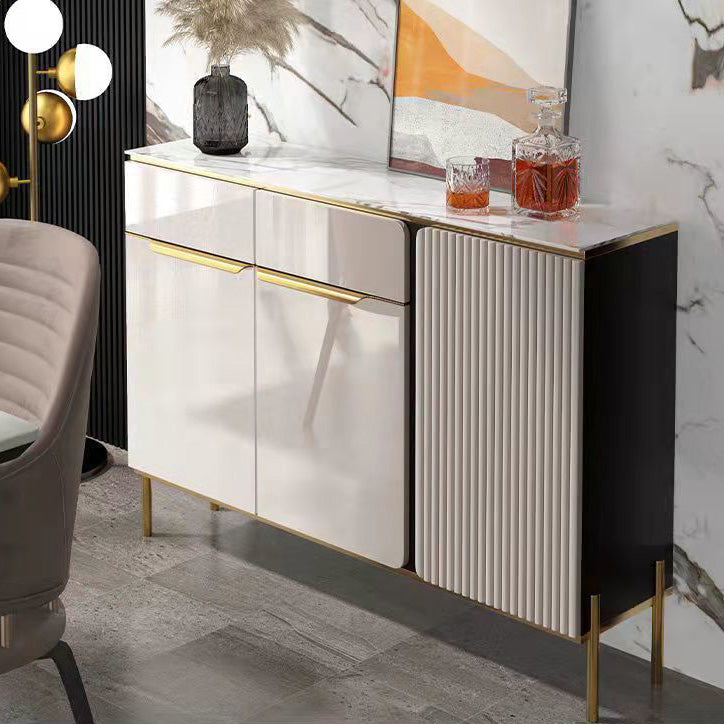 Glam Style Credenza Stone Glass Doors Side Board with Cabinets and Drawers