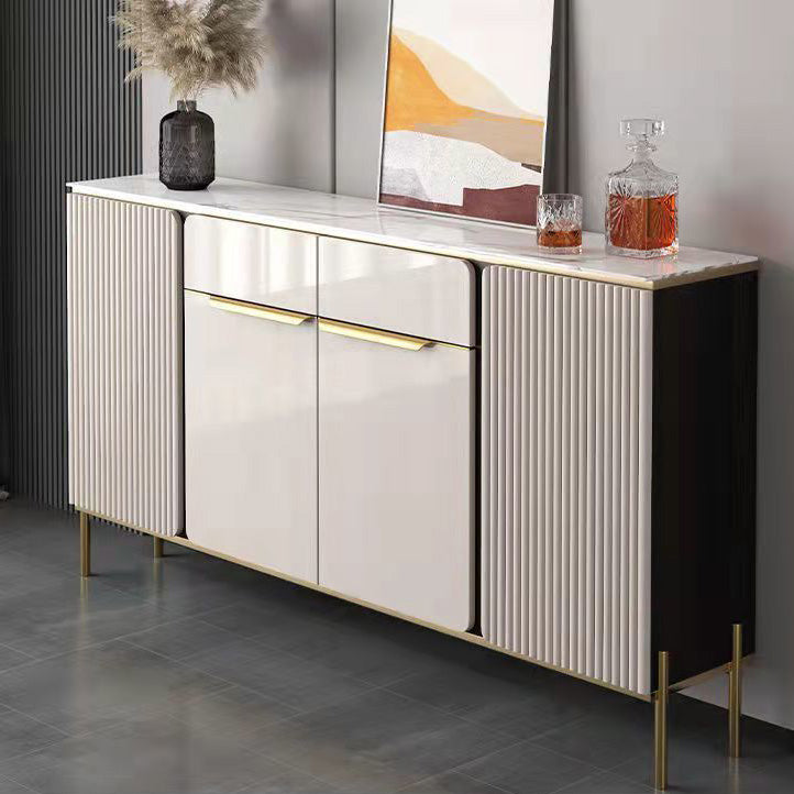 Glam Style Credenza Stone Glass Doors Side Board with Cabinets and Drawers