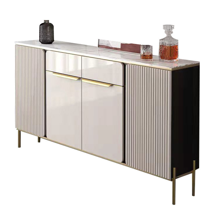 Glam Style Credenza Stone Glass Doors Side Board with Cabinets and Drawers