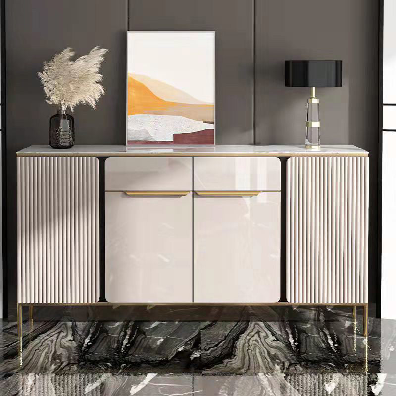 Glam Style Credenza Stone Glass Doors Side Board with Cabinets and Drawers