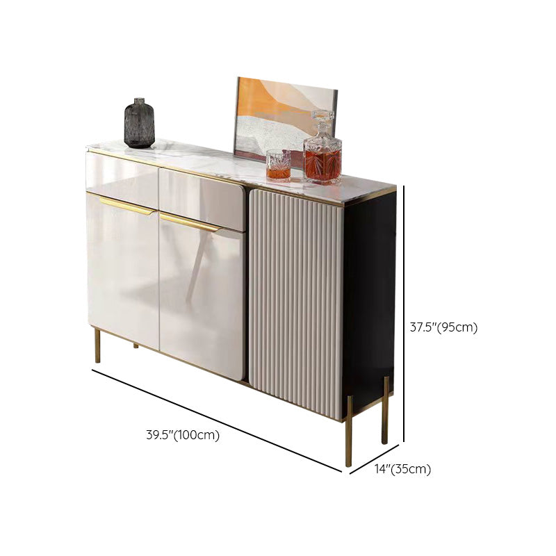 Glam Style Credenza Stone Glass Doors Side Board with Cabinets and Drawers