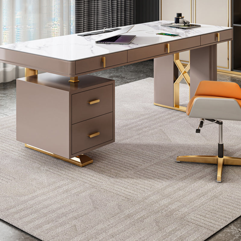 Modern Stone Office Desk Rectangular Shape Task Desk with 2-Legs in White and Grey