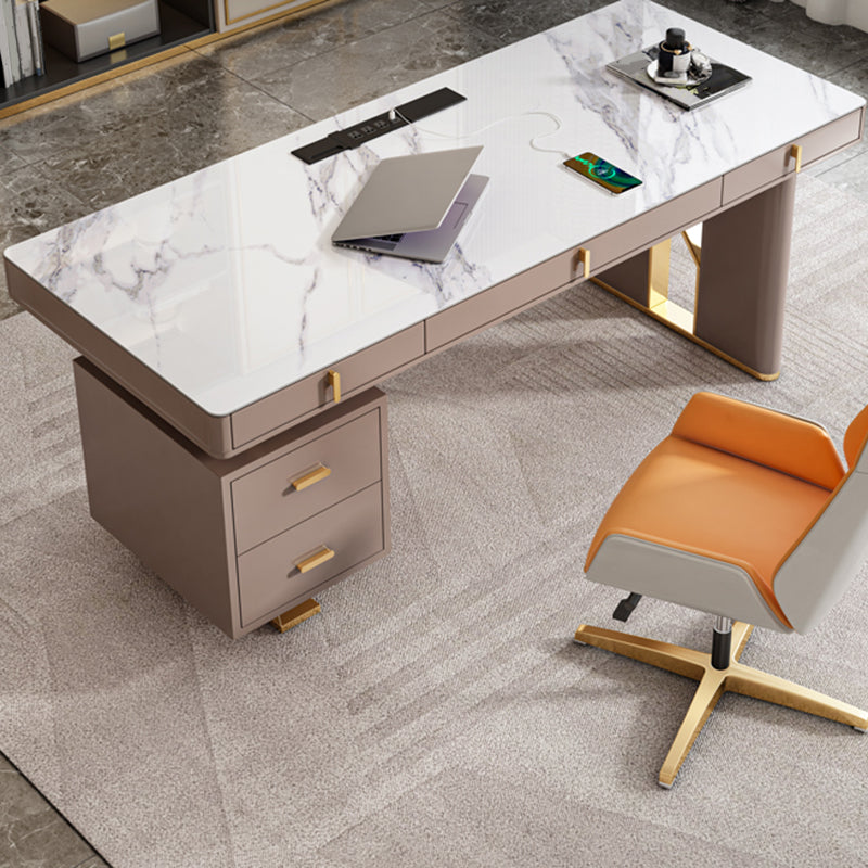 Modern Stone Office Desk Rectangular Shape Task Desk with 2-Legs in White and Grey