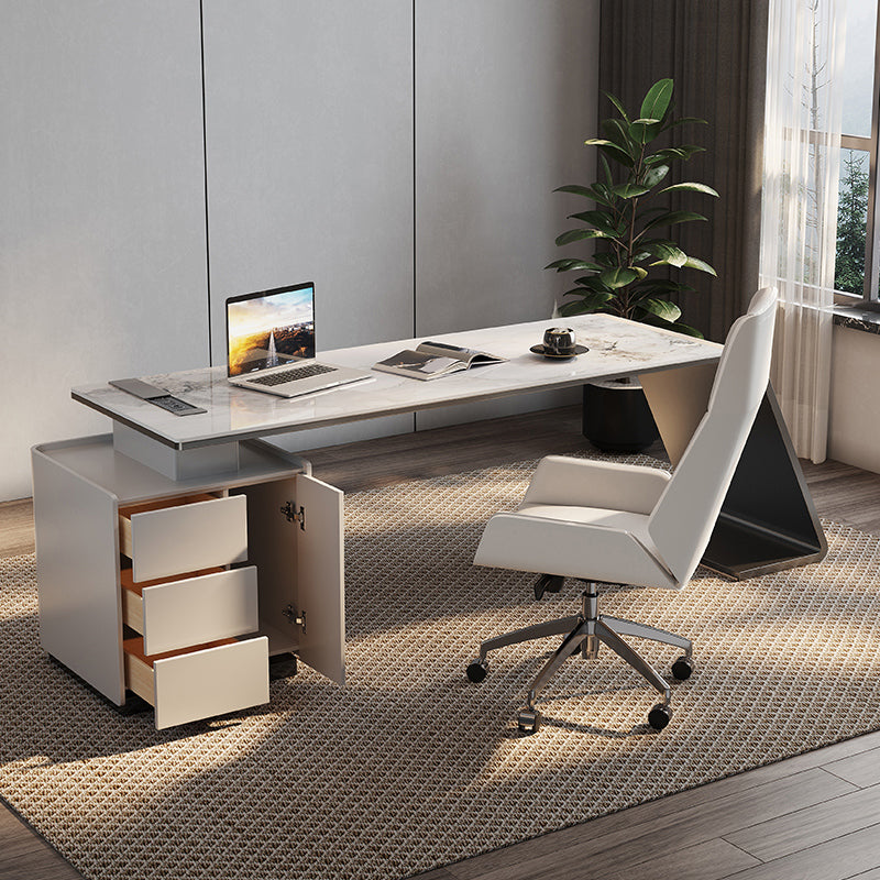 Modern Stone Office Desk Rectangular Shape Task Desk with Drawers in White