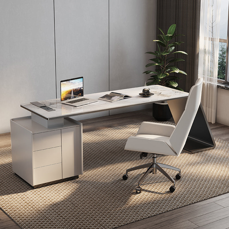 Modern Stone Office Desk Rectangular Shape Task Desk with Drawers in White