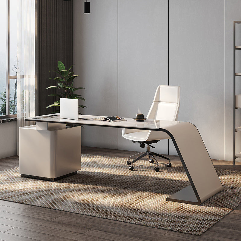 Modern Stone Office Desk Rectangular Shape Task Desk with Drawers in White