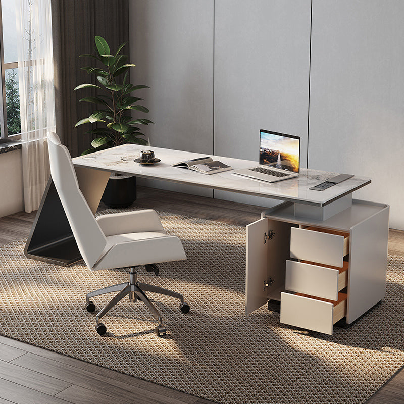 Modern Stone Office Desk Rectangular Shape Task Desk with Drawers in White