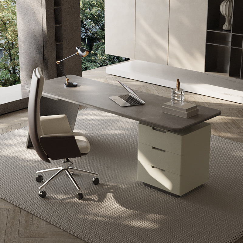 Modern Stone Office Desk Rectangular Shape Task Desks with Drawers in White