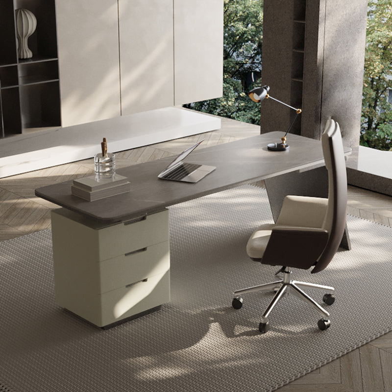 Modern Stone Office Desk Rectangular Shape Task Desks with Drawers in White