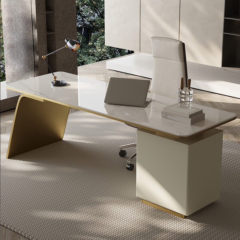 Modern Stone Office Desk Rectangular Shape Task Desk with 2-Legs in White and Gold