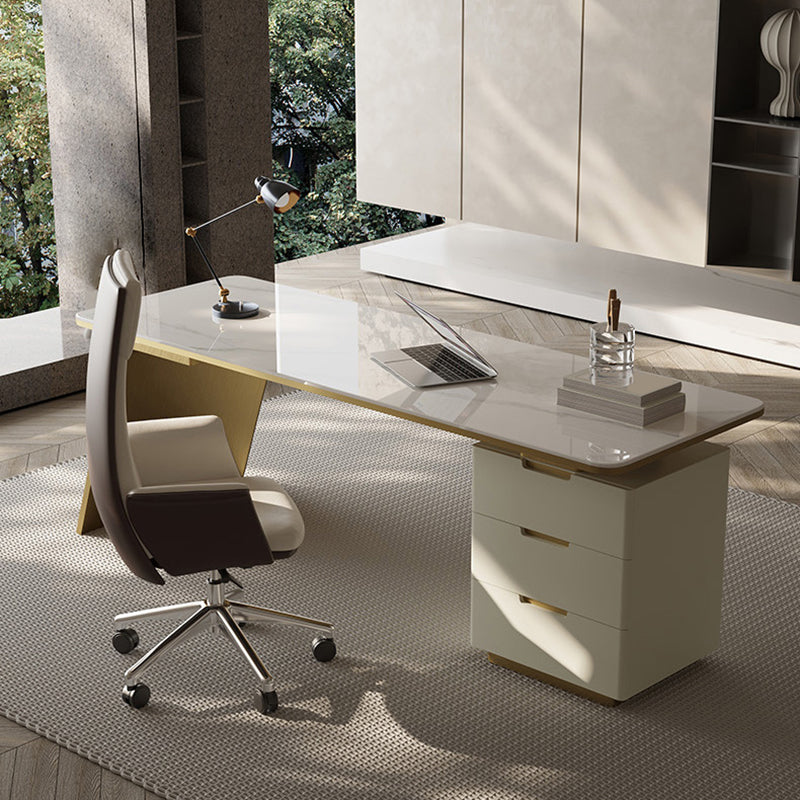 Modern Stone Office Desk Rectangular Shape Task Desk with 2-Legs in White and Gold