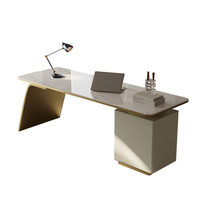 Modern Stone Office Desk Rectangular Shape Task Desk with 2-Legs in White and Gold