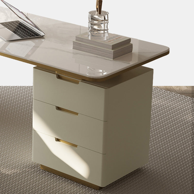 Modern Stone Office Desk Rectangular Shape Task Desk with 2-Legs in White and Gold