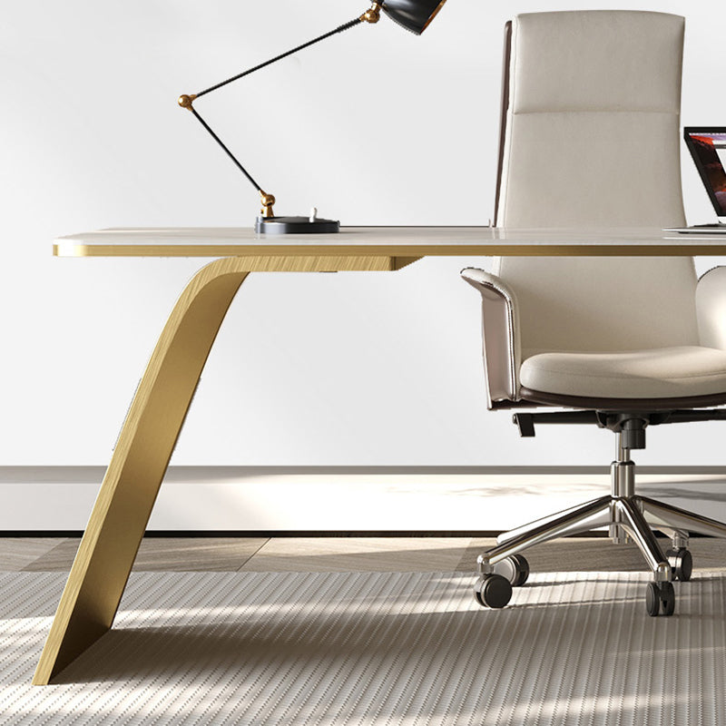 Modern Stone Office Desk Rectangular Shape Task Desk with 2-Legs in White and Gold