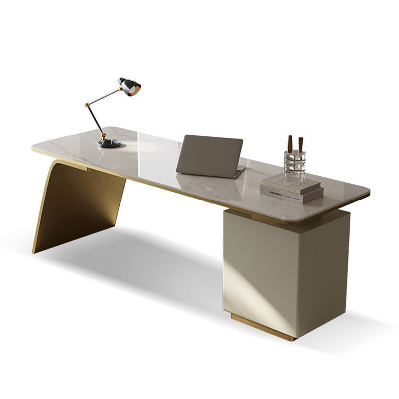 Modern Stone Office Desk Rectangular Shape Task Desk with 2-Legs in White and Gold