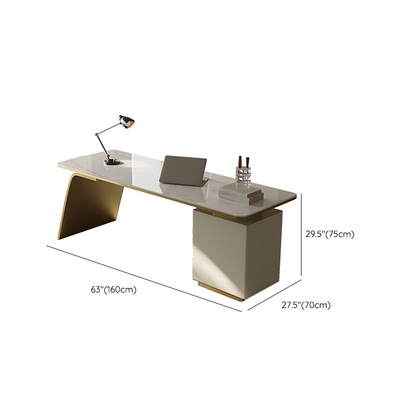 Modern Stone Office Desk Rectangular Shape Task Desk with 2-Legs in White and Gold