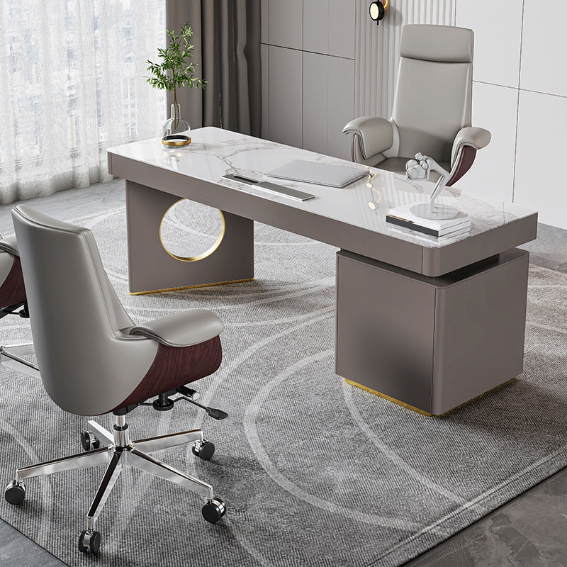 Modern Stone Office Desk Rectangular Shape Task Desk with 2-Legs in Grey