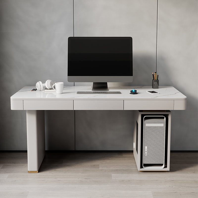 Modern Stone Computer Desk Rectangular Shape Task Desk with 2-Legs in White