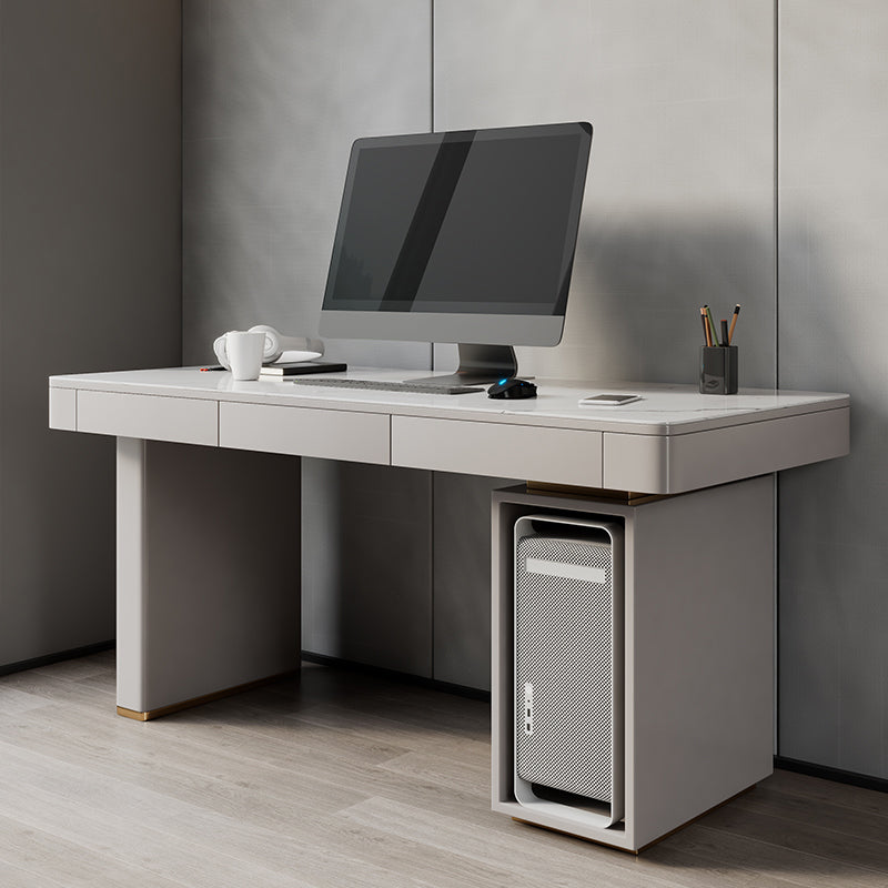 Modern Stone Computer Desk Rectangular Shape Task Desk with 2-Legs in White