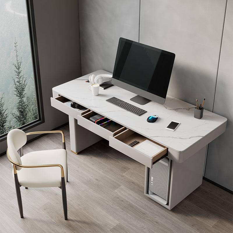 Modern Stone Computer Desk Rectangular Shape Task Desk with 2-Legs in White