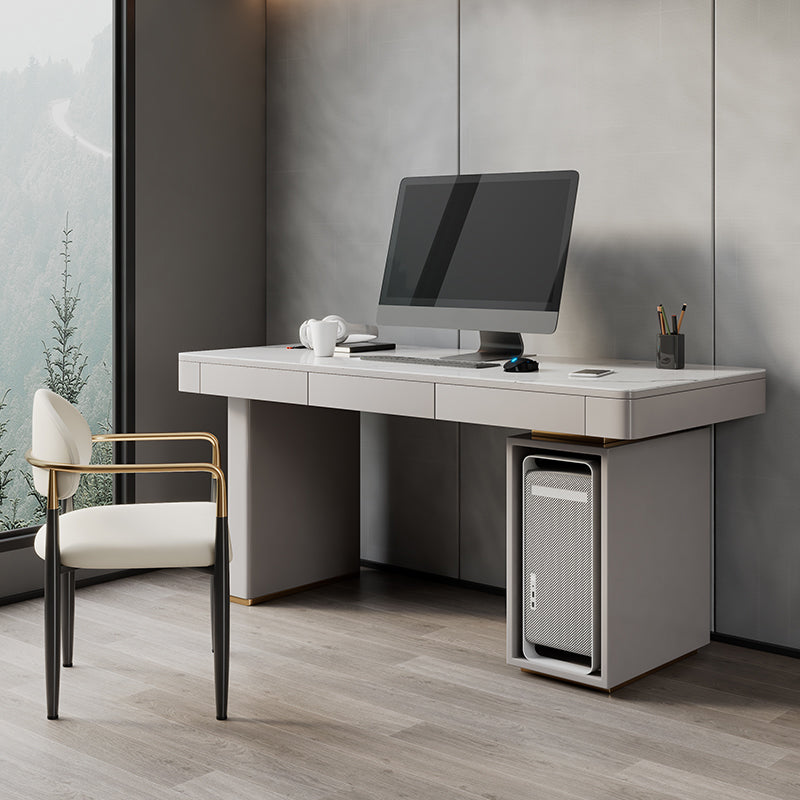 Modern Stone Computer Desk Rectangular Shape Task Desk with 2-Legs in White