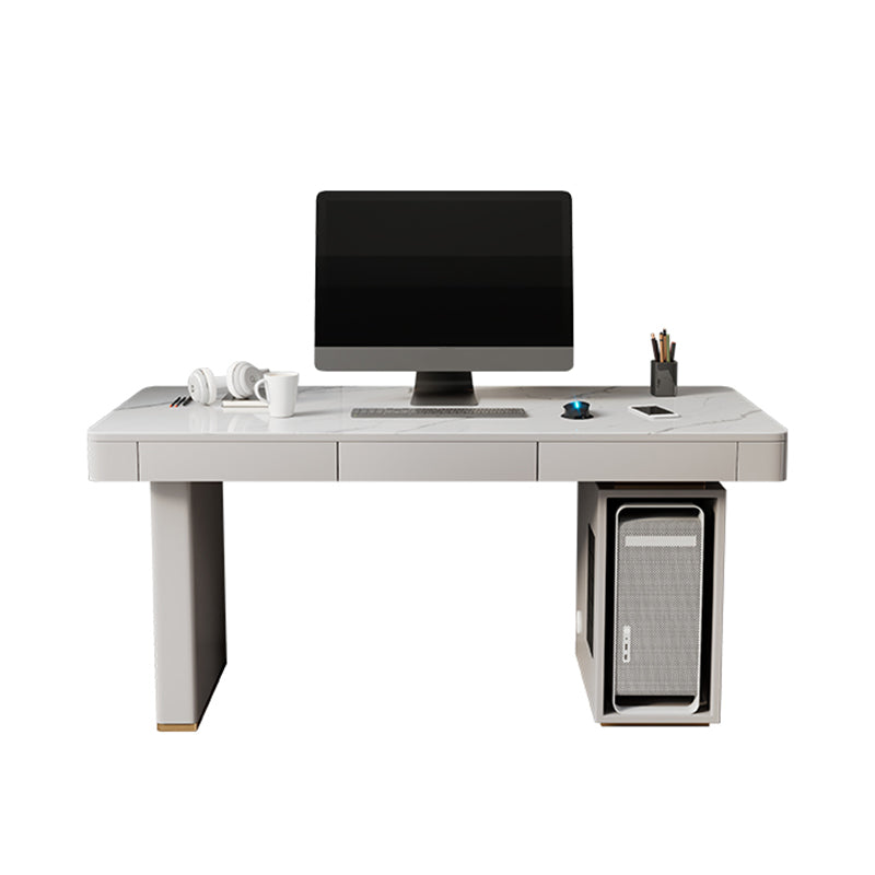 Modern Stone Computer Desk Rectangular Shape Task Desk with 2-Legs in White