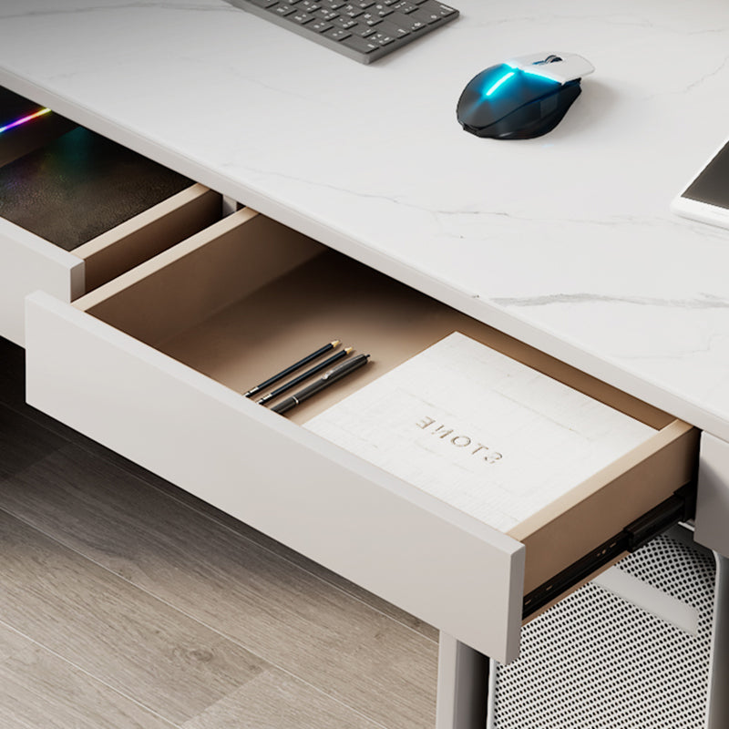 Modern Stone Computer Desk Rectangular Shape Task Desk with 2-Legs in White