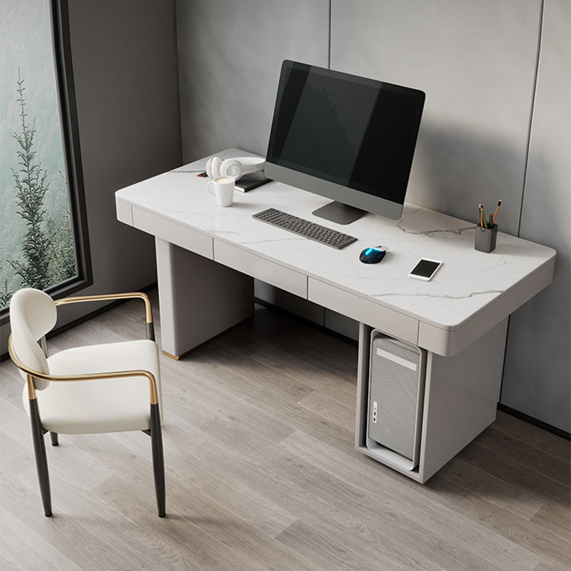 Modern Stone Computer Desk Rectangular Shape Task Desk with 2-Legs in White