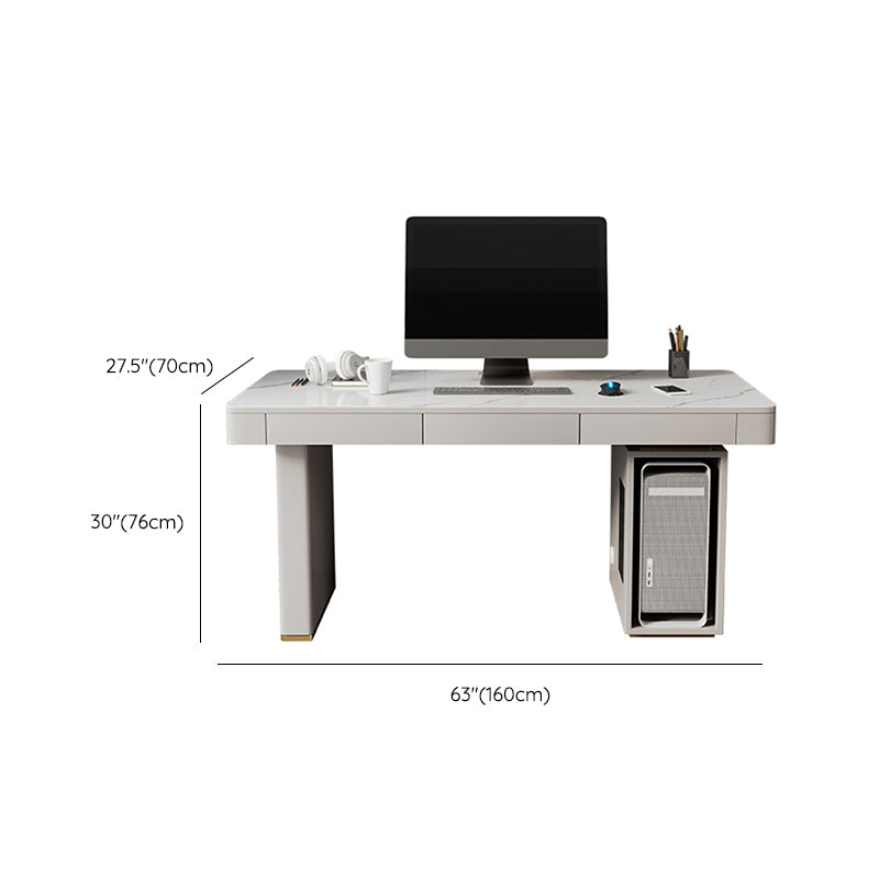 Modern Stone Computer Desk Rectangular Shape Task Desk with 2-Legs in White