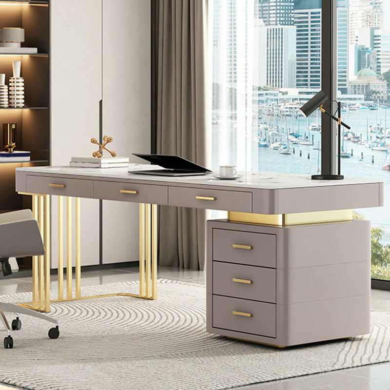 Modern Stone Office Desk Rectangular Shape Task Desk with 6-Drawers in Grey