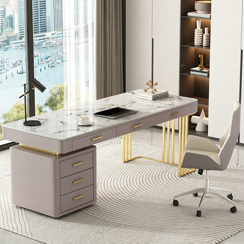 Modern Stone Office Desk Rectangular Shape Task Desk with 6-Drawers in Grey